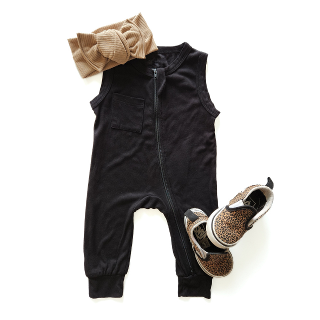 Ribbed Bamboo Sleeveless Romper | Black | 0/3 - 12/18