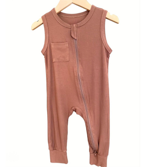 Ribbed Bamboo Sleeveless Romper | Caramel | 0/3 - 12/18
