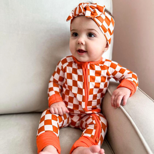 Pink Rust Checker Bamboo Zip Romper