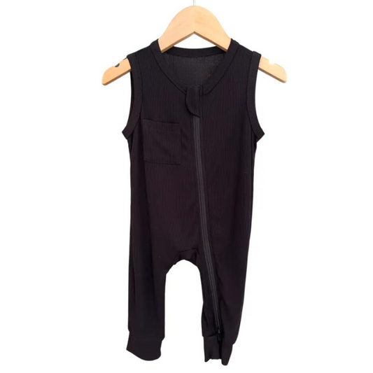 Ribbed Bamboo Sleeveless Romper | Black | 0/3 - 12/18