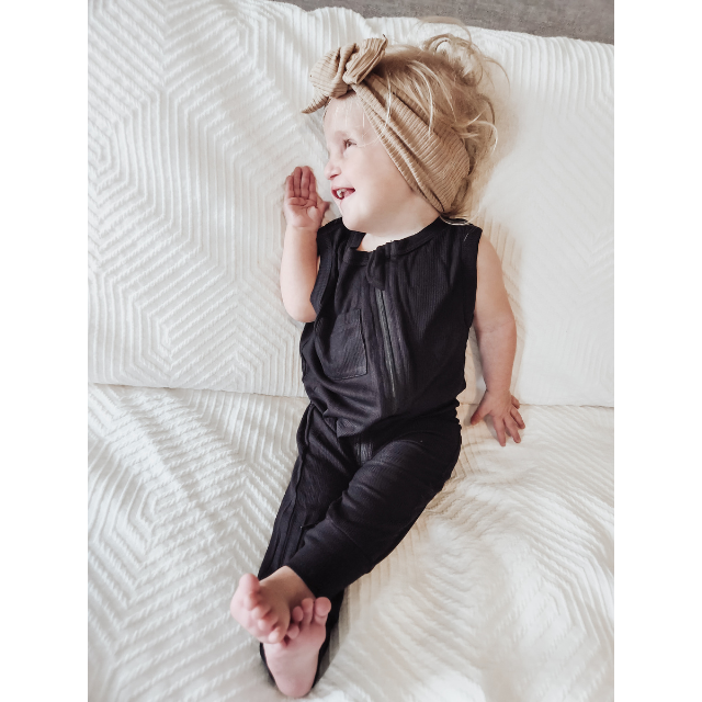 Ribbed Bamboo Sleeveless Romper | Black | 0/3 - 12/18