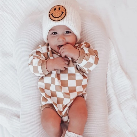 Organic Tan Check Bubble French Terry Romper | 0-3 mo to 18-24 mo