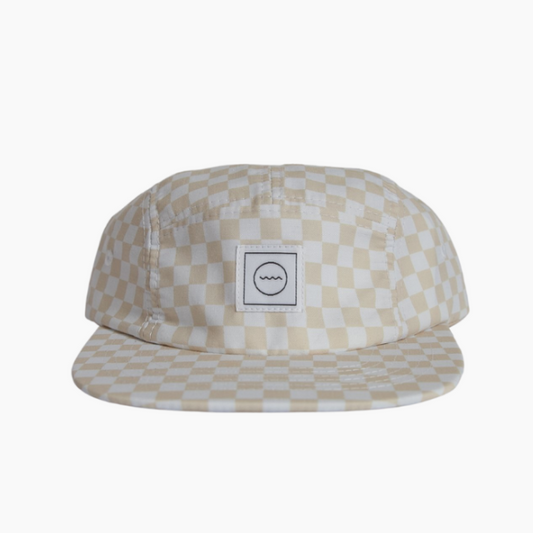 Cotton Five-Panel Hat in Cream Check