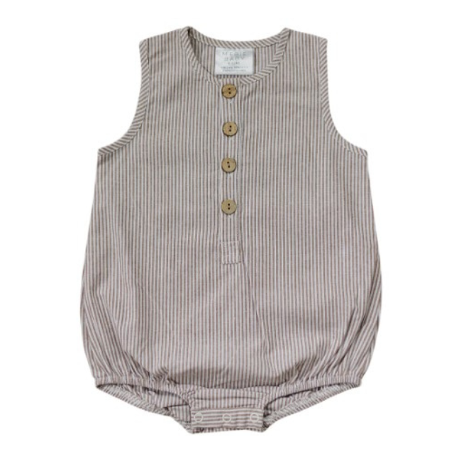 Camel + White Striped Linen Bubble Romper | 0-3 mo to 2T