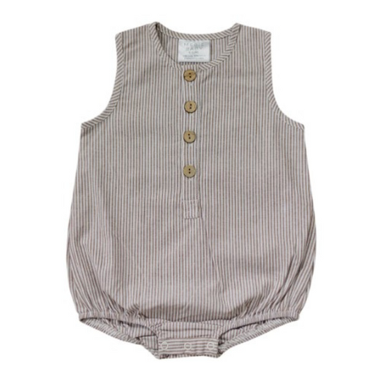 Camel + White Striped Linen Bubble Romper | 0-3 mo to 2T