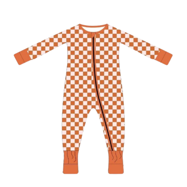 Pink Rust Checker Bamboo Zip Romper