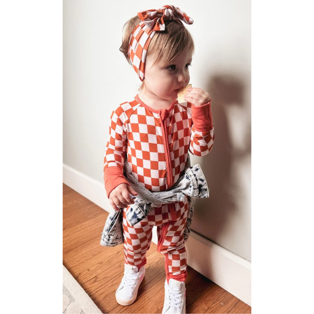 Pink Rust Checker Bamboo Zip Romper