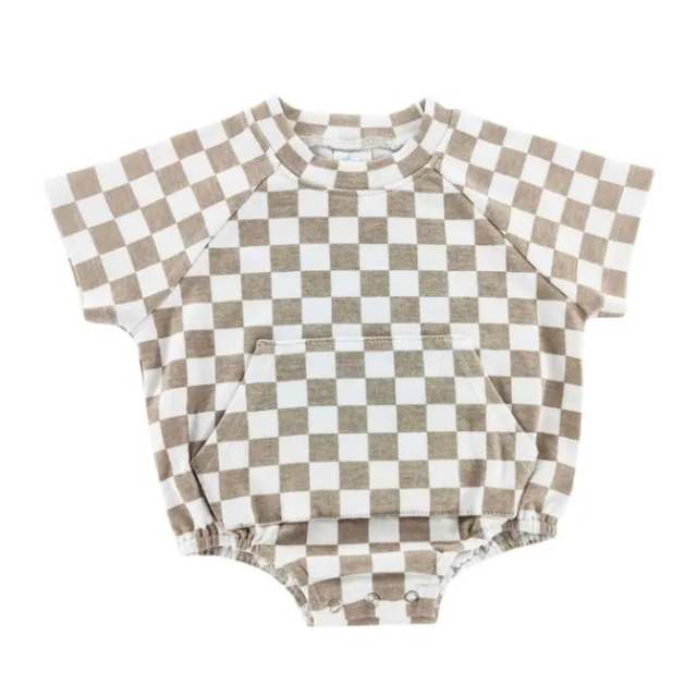 Beige Checkered Short Bubble Romper