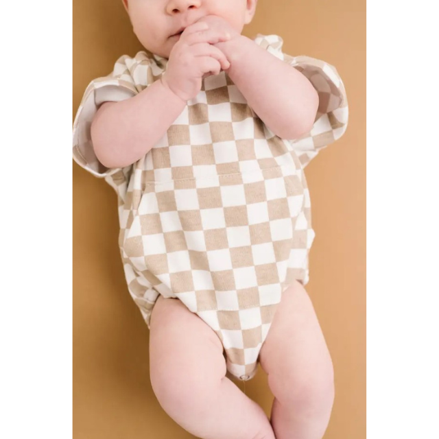 Beige Checkered Short Bubble Romper