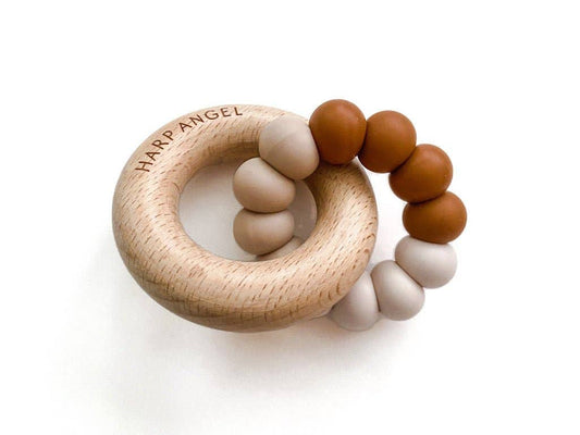 Silicone and Wood Teether Ring (Cappuccino Tan & Cream)