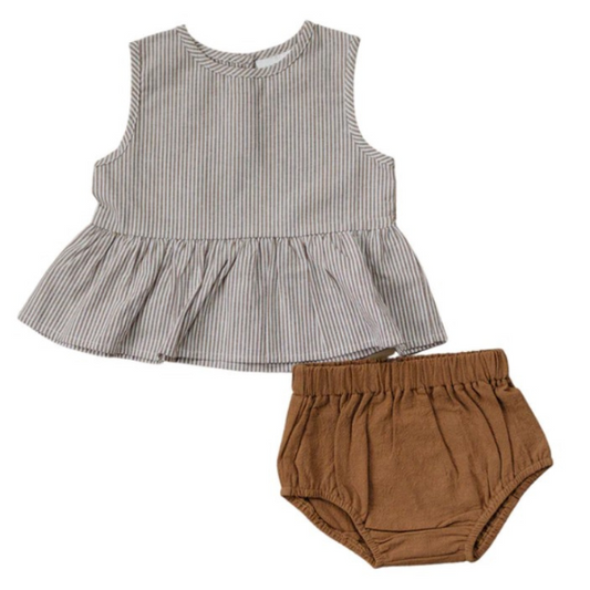 Camel + White Linen Peplum Set   |   0-3 mo