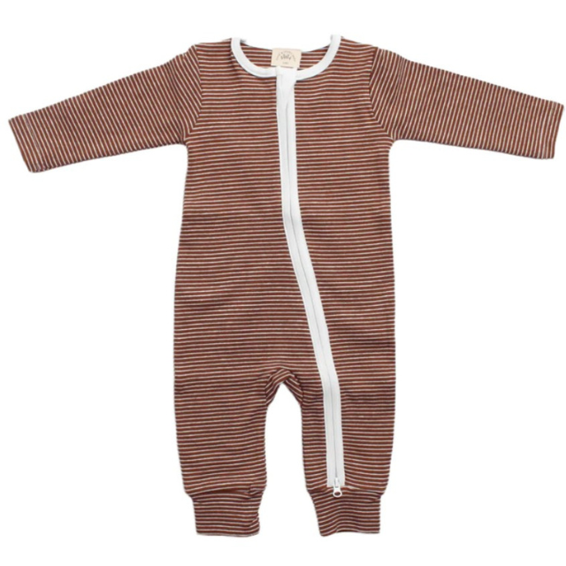 Organic Cotton Zip Romper   |   Cocoa Stripe  |  0-3 mo