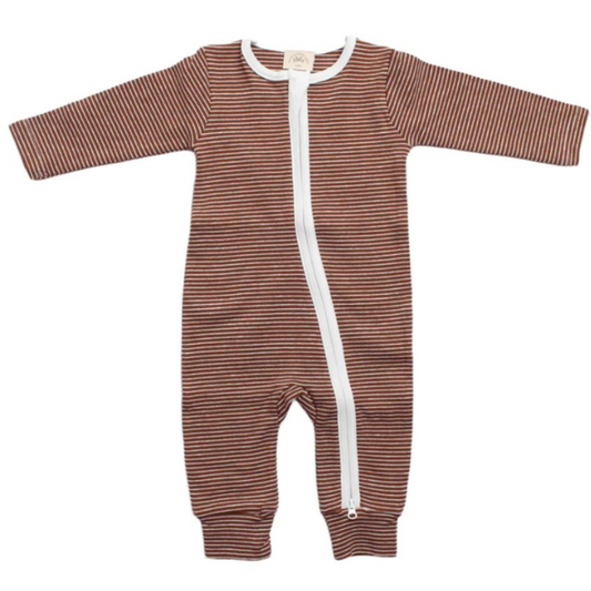Organic Cotton Zip Romper   |   Cocoa Stripe  |  0-3 mo
