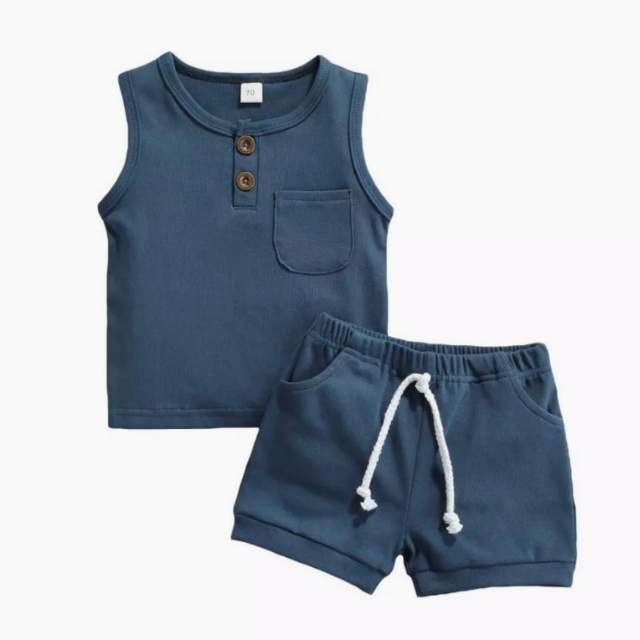 Tiny Sleeveless Two-Piece Shortie Set |  Deep Blue