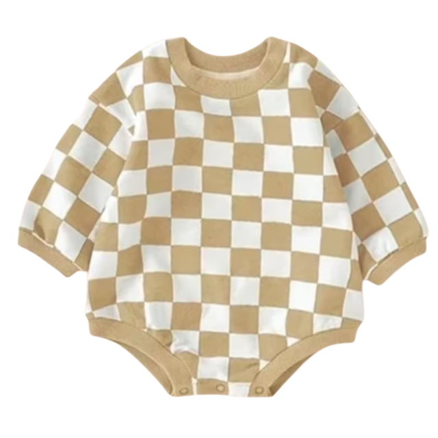Organic Tan Check Bubble French Terry Romper  |  0-3 mo  to 18-24 mo